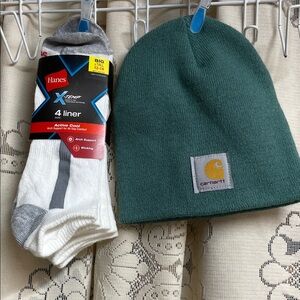 Carhartt Green Knit Beanie with Hanes Big & Tall Arch Support Socks